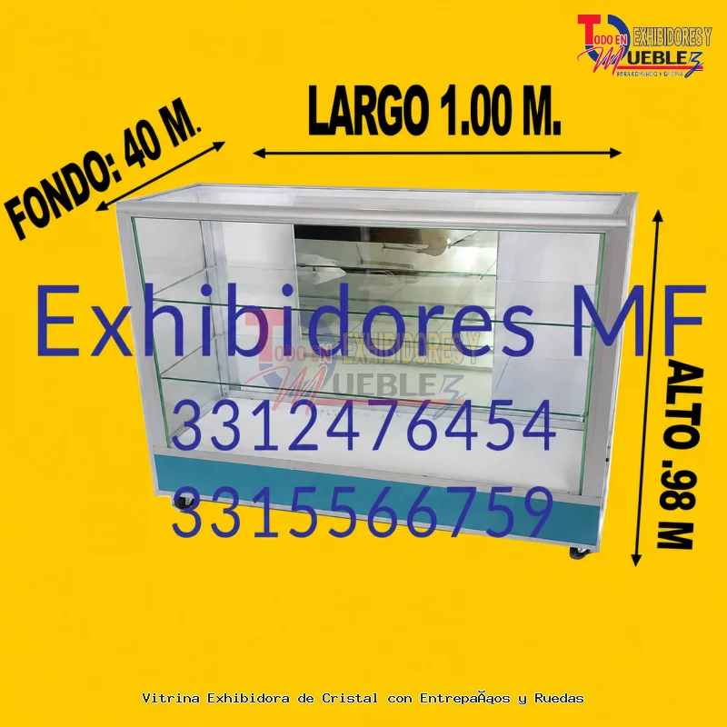 Vitrina Exhibidora de Cristal con Entrepaños y Ruedas